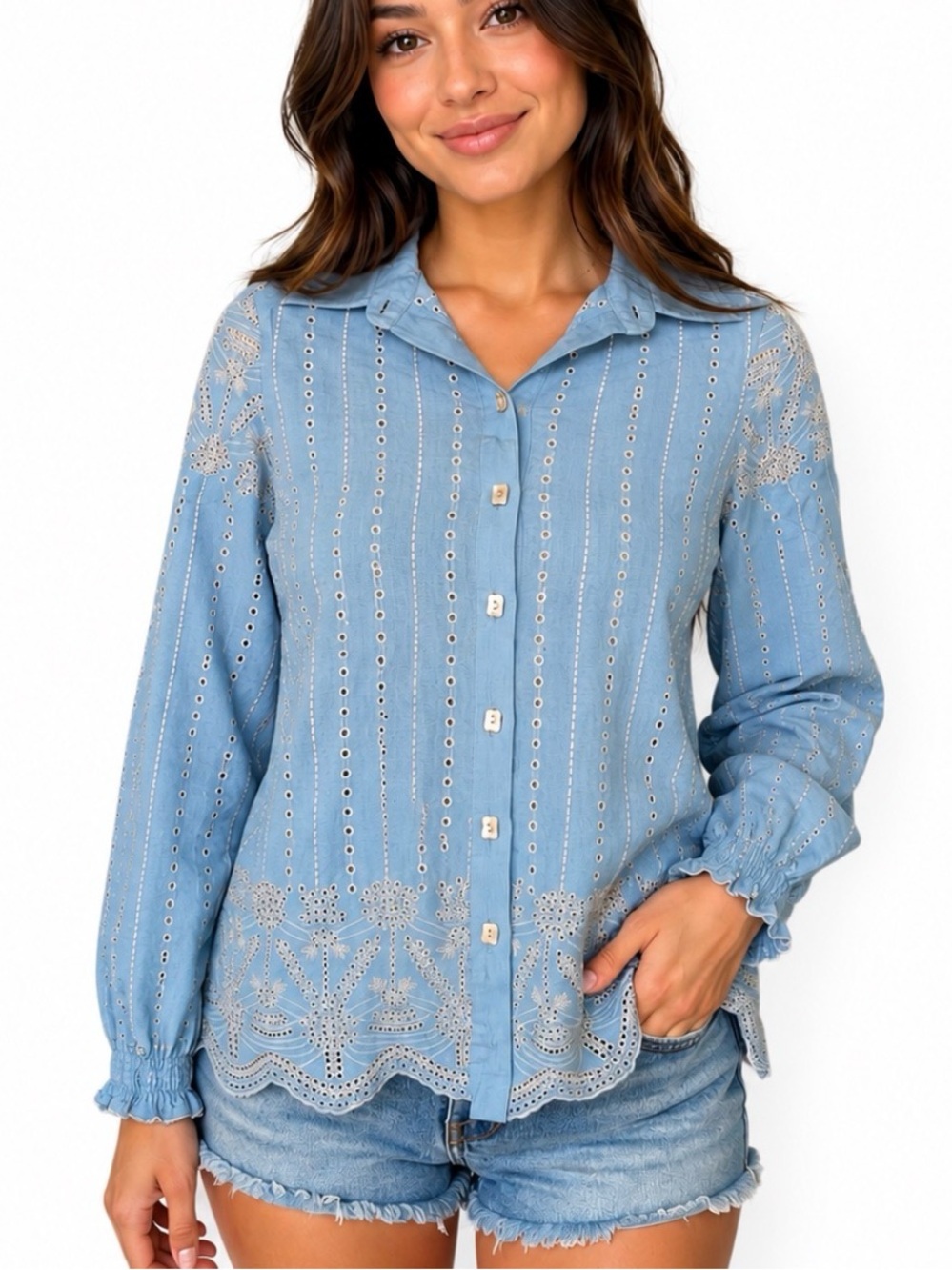 John Mark Light Blue Eyelet Button-Up Shirt Jacket blouse Emboirdered BOHO style